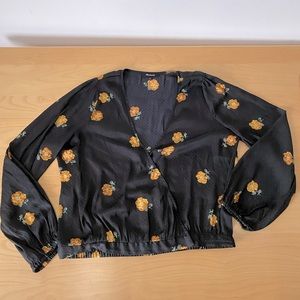 Madewell Black Yellow Floral Silky Long Sleeve Top Sz L